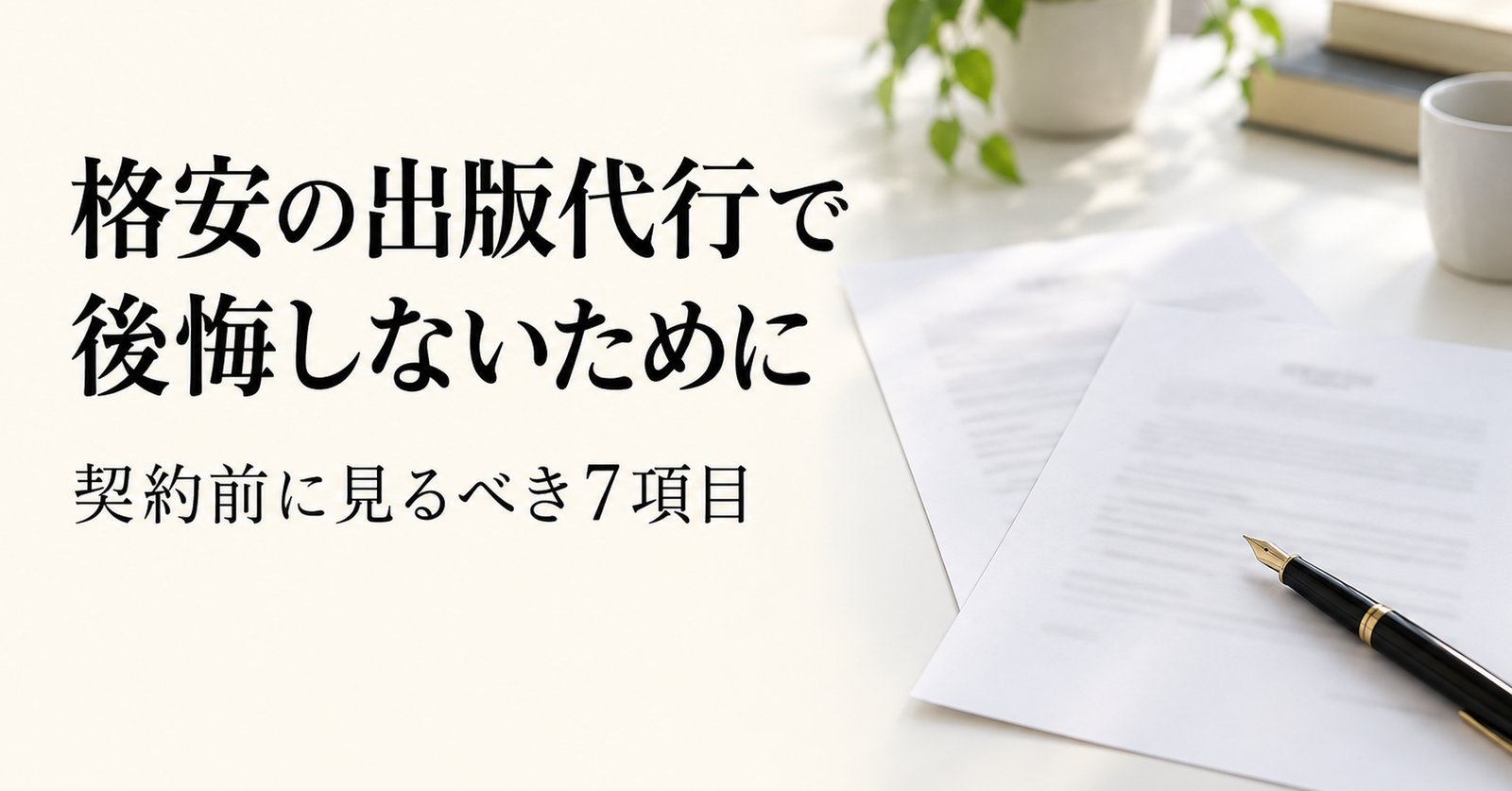 契約書と見積書を前に、ペンを持って内容を確かめるアイキャッチ